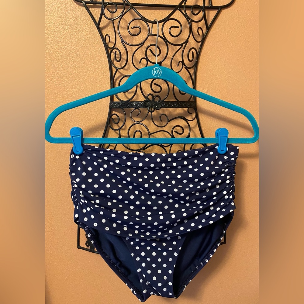 Land’s End blue high-waisted bikini bottom with white polka dots
